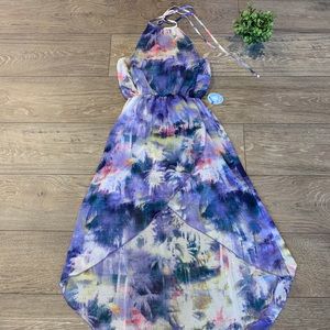 Tropical vacation summer high low purple dress
